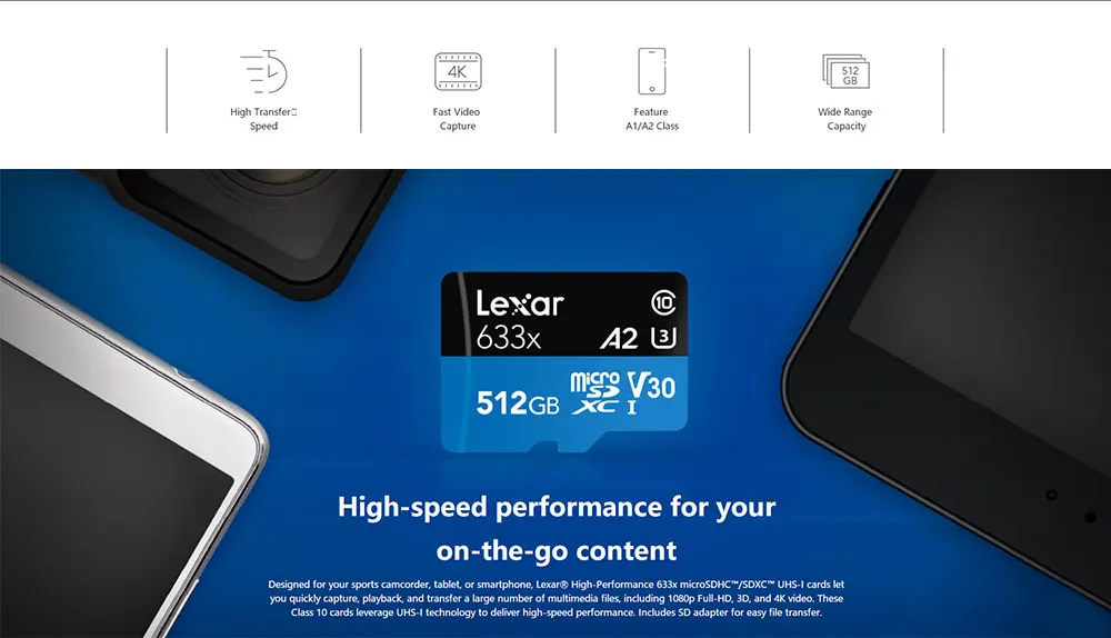 2019 Горячая Продажа Lexar micro sd высокоскоростная карта/качество 633x UHS-I карты памяти 512 ГБ micro sd карта для смартфона/камеры