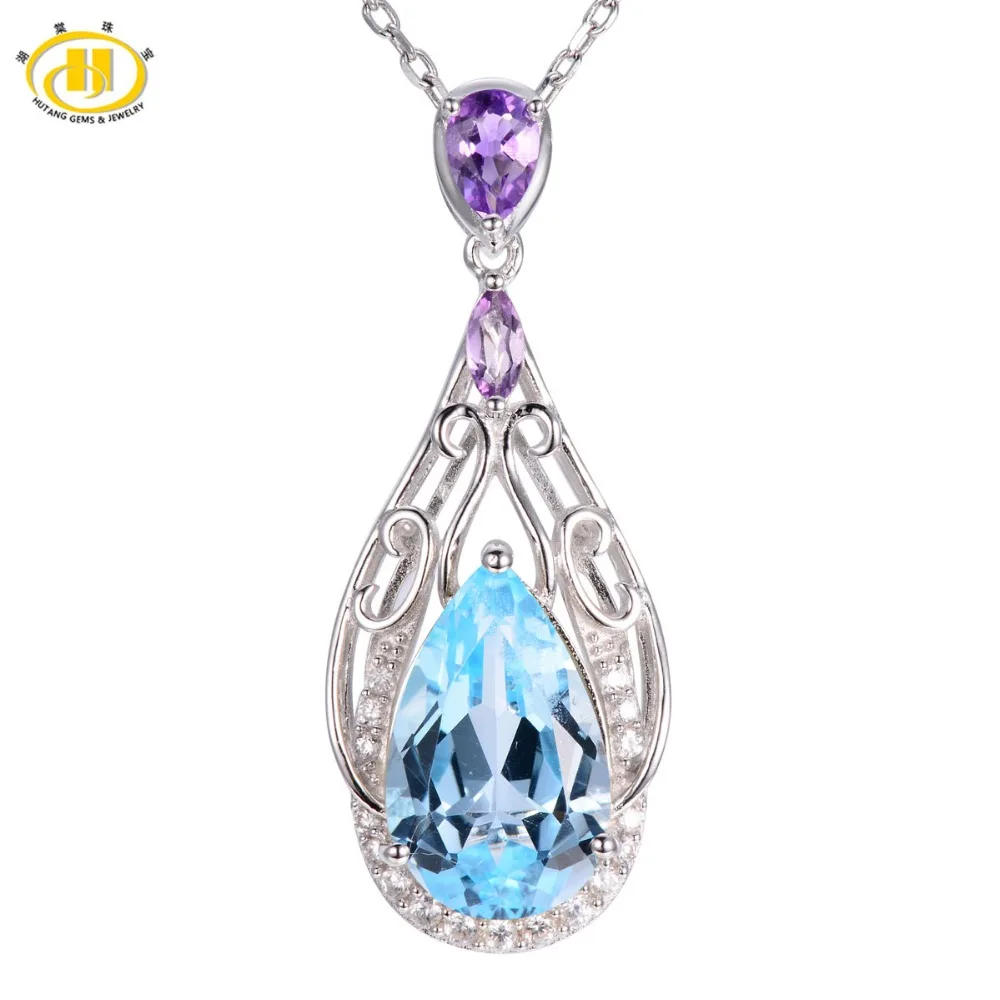 

Hutang 8.01ct Natural Blue Topaz & Amethyst Solid 925 Sterling Silver Filigree Pendant Necklace Gemstone Women's Fine Jewelry