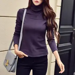 Для женщин футболка 2018 осень-зима корейский стиль с длинным рукавом футболки Для женщин топы Повседневное водолазка тонкий топы, футболки