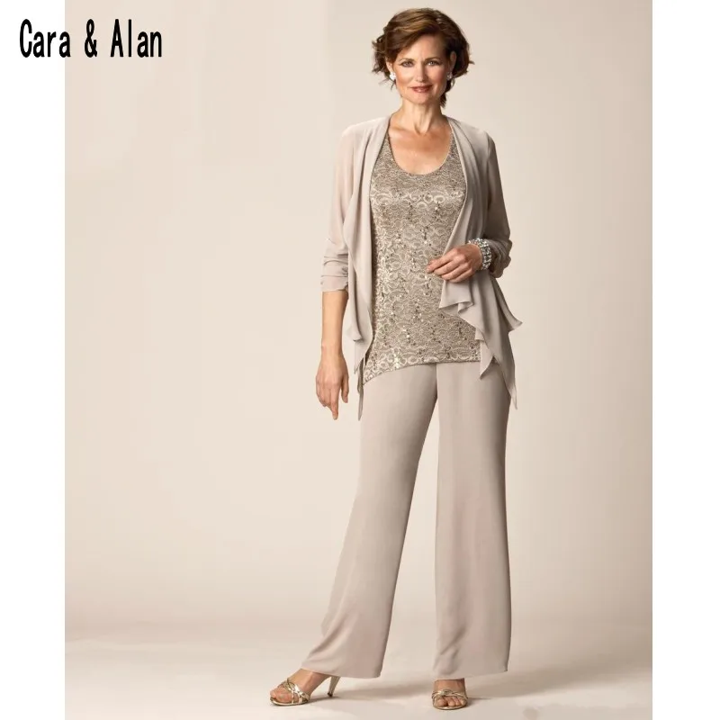 Drie Stukken Moeder van de Bruid Broek Past 2019 Kant chiffon plus size formele bruiloft gast Jurken met Lange mouwen jas Drie Stukken Moeder van de Bruid Broek Past 2019 Kant chiffon plus size formele bruiloft gast Jurken met Lange mouwen jas