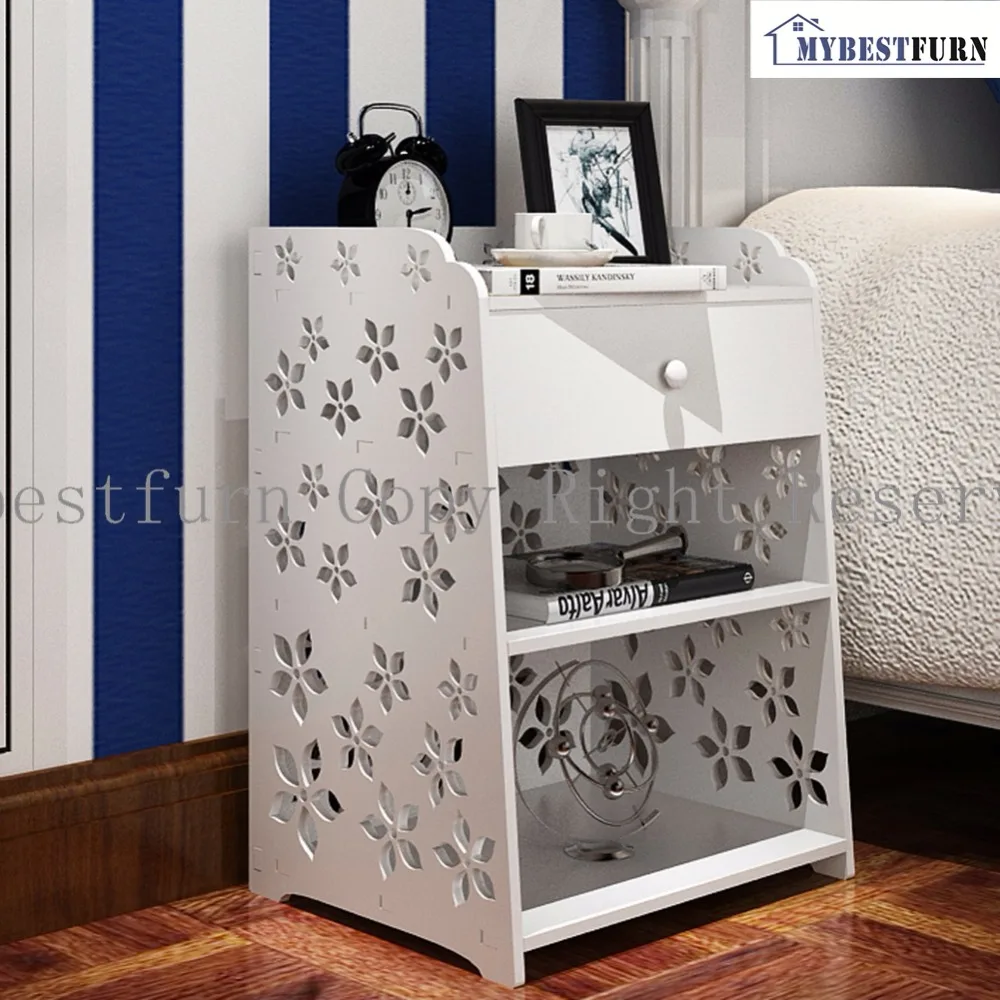 Mybestfurn منضدة الخشب كبير الحجم الأبيض ، منحوتة زهرة درج منضدة نهاية طاولة السرير خزانة 255C (التخزين في usa ، الصين)