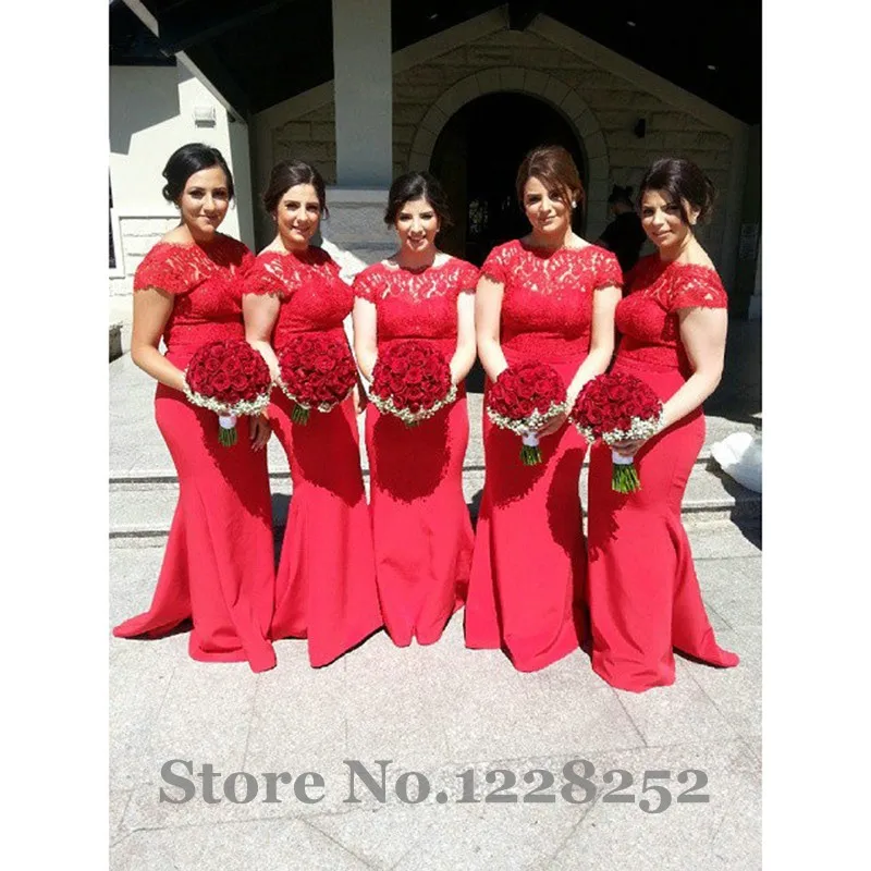 Newest Mermaid Bridesmaid Dress Sheer Scoop Neck Satin Lace Wedding