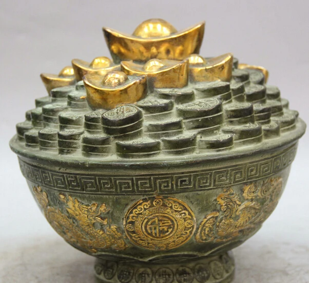 

JP S0524 8 Chinese Bronze Gild Feng Shui Fu Wealth Dragon Phoenix Bird Treasure Bowl