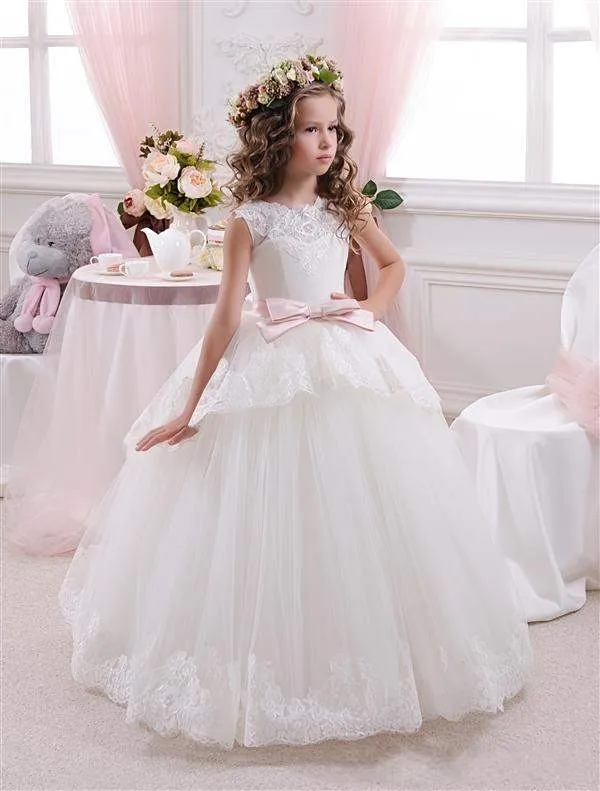 

Stunning White Children First Communion Dresses for Girls 2017 Ball Gown Pink Bow Belt Elegant Flower Girl Dress For Weddings