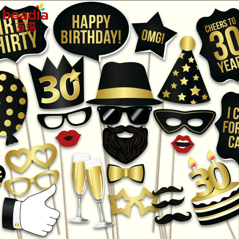 

36pcs Photobooth Props Man Woman style 30 Years Moustache Glass Mask 30th Birthday Gift Funny Party Favor Decoration Supplies