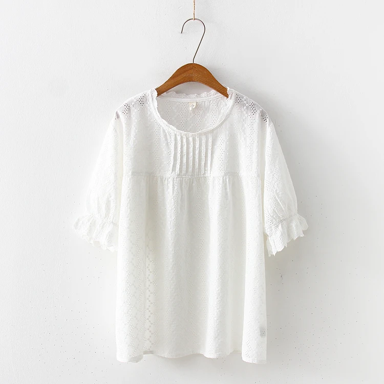 

Solid color cotton hook flower hollow o-neck shirt blouse 2019 summer
