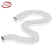 Snh 8-9mm ronda cerca de un 925 de plata 100% blanco verdadero de agua dulce collar de perlas de mujer de tres filas collar de perlas