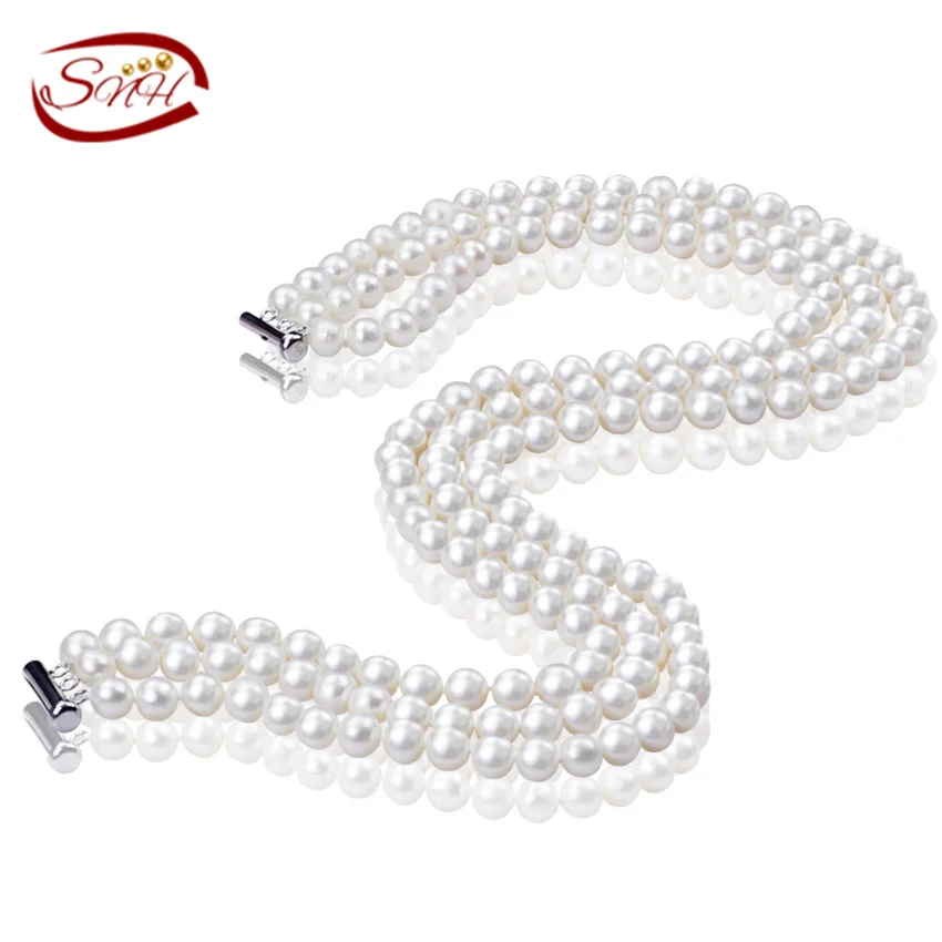 

near round 925 silver real white freshwater pearl necklace multi layer three rows natural real pearl necklace for women