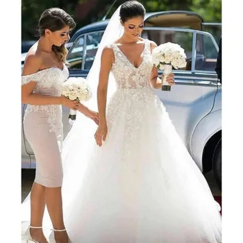 

vestido de noiva Wedding Dresses robe de mariee Applique Long Bride Dress V Neck gelinlik Custom made Bridal Dresses Sheer