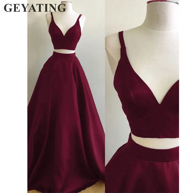 Eenvoudige Wijn Rode Lange Twee Stukken Prom Dress Crop Top Satin Rok Bourgondië Formele Avondjurken Om Party Vestido Longo de Festa Eenvoudige Wijn Rode Lange Twee Stukken Prom Dress Crop Top Satin Rok Bourgondië Formele Avondjurken Om Party Vestido Longo de Festa