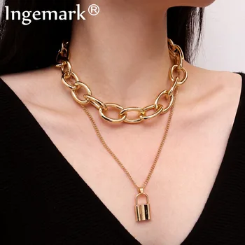 

Punk Lover's Lock Pendant Choker Necklace Boho Clavicle Gold Color Thick Chain Necklace Collier Valentine's Day Gift 2018