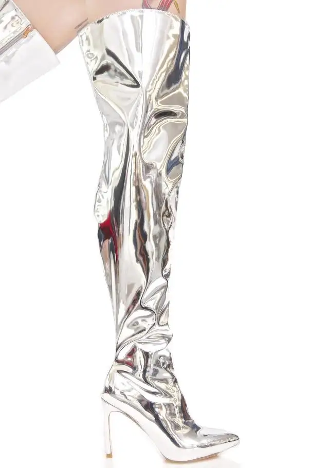 knie Zip Leder Über Silber Stiefel silver Gold Seite Spitz rose Winter Kalmall Frauen Hohe Gold Motorrad Oberschenkel Patent die nwqgtABY