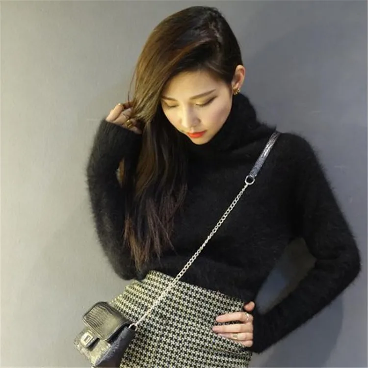 Длинные пушистые свитера, вязаный свитер с высоким воротом, топы с длинным рукавом для женщин, осень, модный вязаный женский джемпер M17032320 - Цвет: Черный