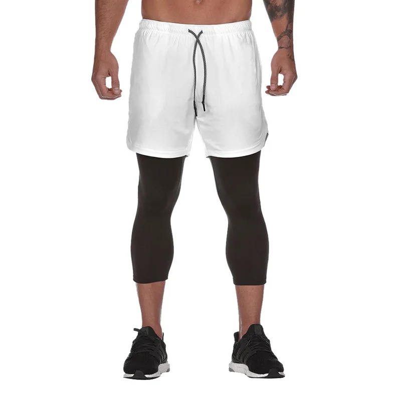 Популярные мужские шорты для бега 2 в 1, спортивные шорты с карманами для безопасности, шорты для фитнеса со встроенными карманами на молнии - Цвет: whiteA