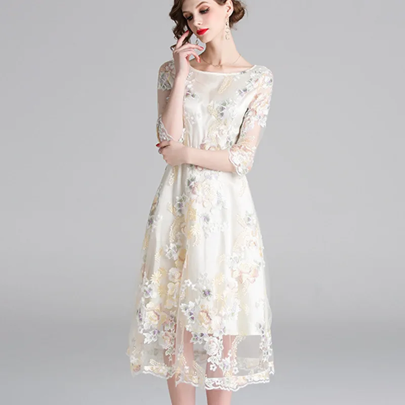 

2019 Summer Women Ivory White Dress Elegant Female O-Neck Petal Half Sleeve Midi Dress Lace Mesh A-line Simple Fashion Dress