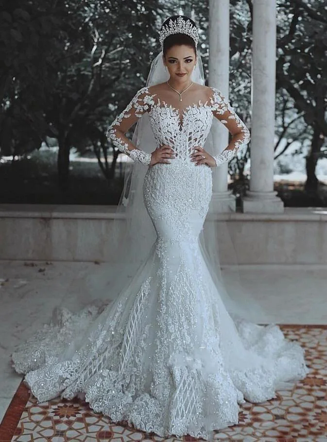 Vestido de noiva сексуальное кружевное свадебное платье с длинными рукавами Новое прозрачное кружевное платье русалки на заказ