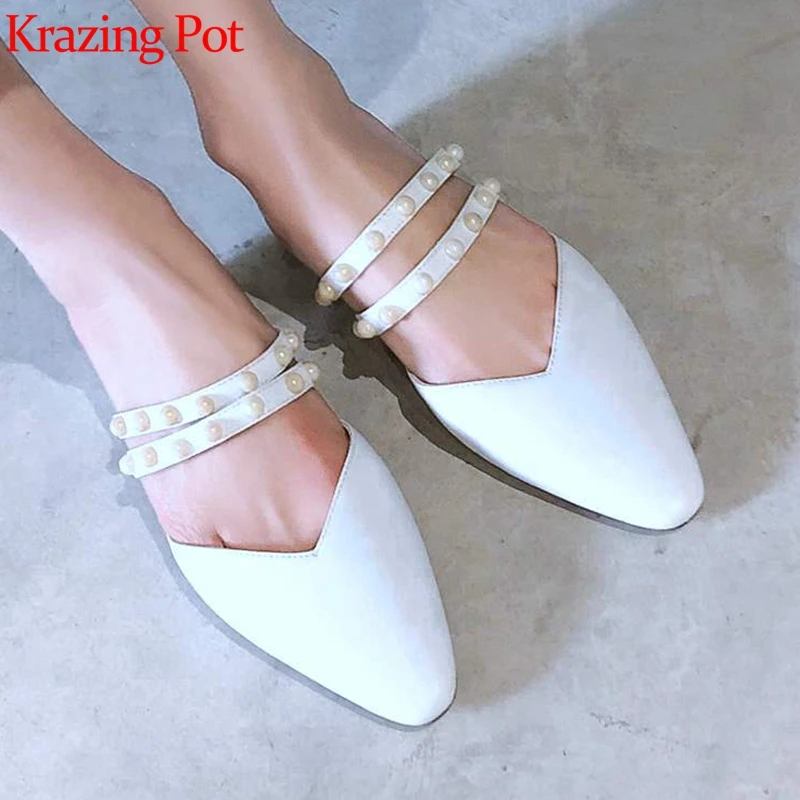 

Krazing Pot new classical slip on genuine leather pointed toe med heels summer slipper pearl-studded energy young lady mules l56