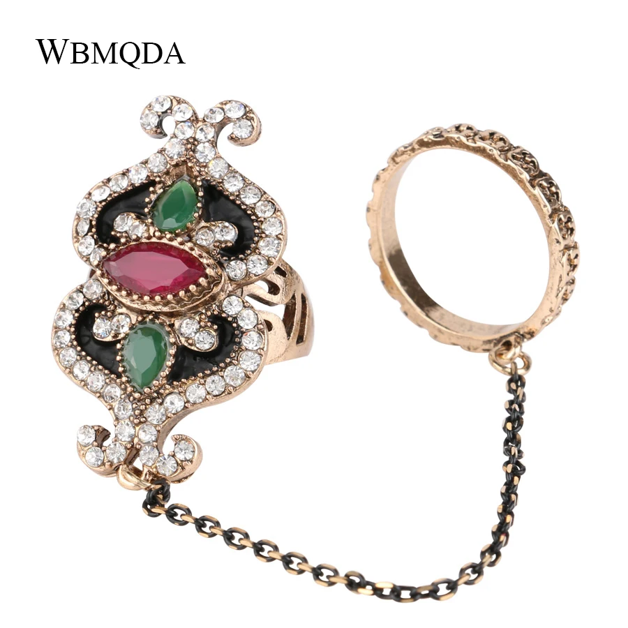 

Ethnic Black Enamel Crystal Chain Ring Set Bohemian Colorful Resin Two Finger Rings For Women Vintage Indian Jewelry 2018