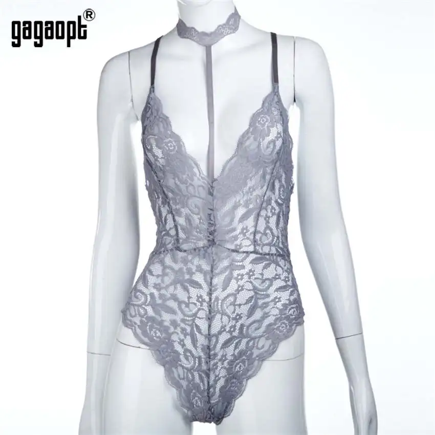 Gagaopt Classic Lace Bodysuit Women Perspective Hollow Out with Choker Bodysuit Romper Jumpsuit Sexy Bodysuit satin bodysuit Bodysuits