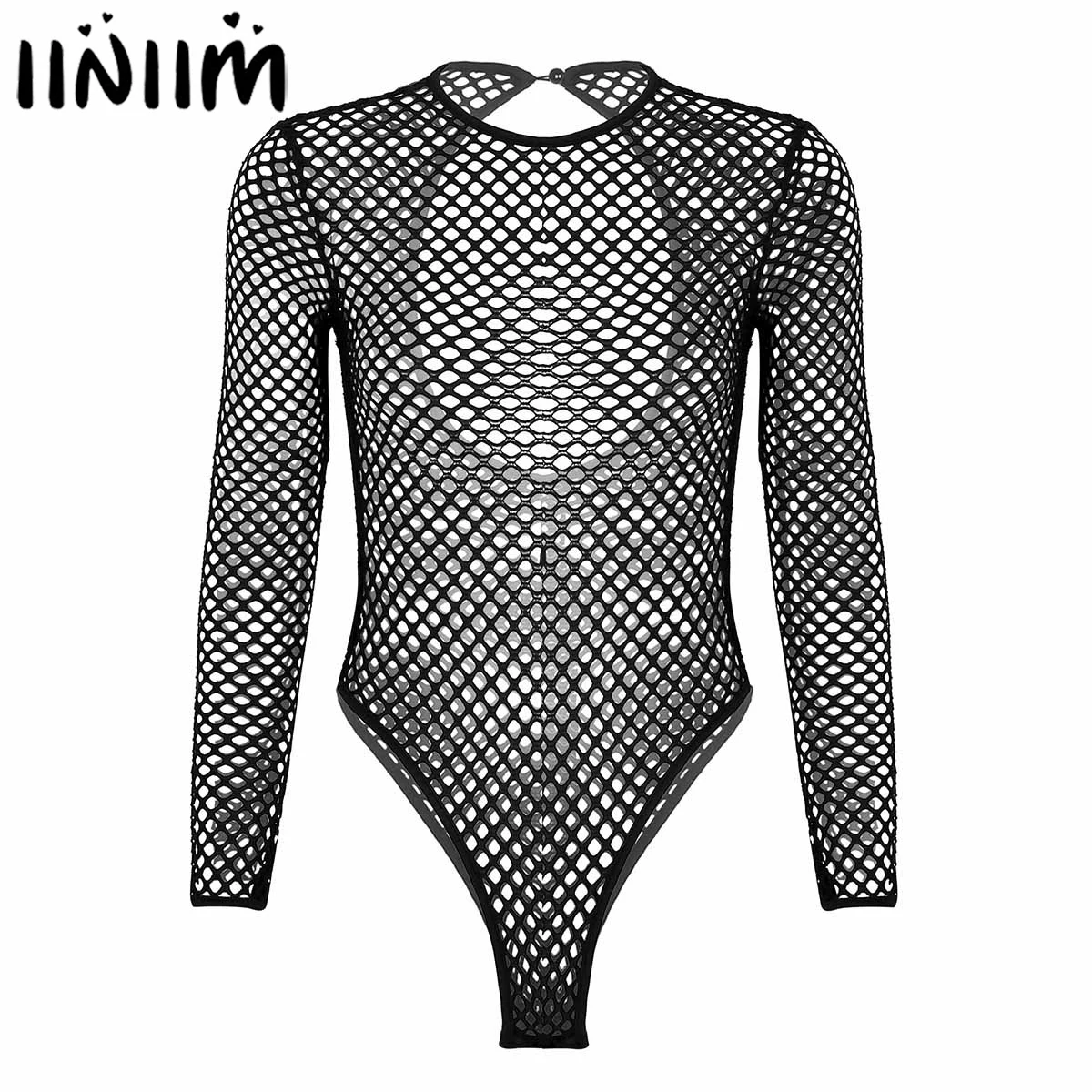 Womens Novelty Exotic Bodysuit Fishnet See Through Sheer Lingerie Long Sleeve Teddies High Cut Tank Thong Leotard Jumpsuit