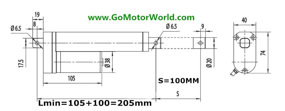 GoMotorWorld LA10 mini linear actuator drawing