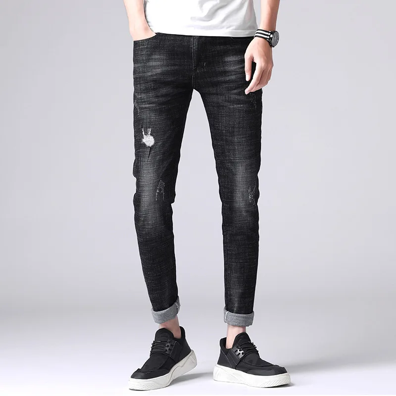 

Spring jeans men Tide brand Slim feet pants Korean version of the trend students thin section black gray elastic trousers