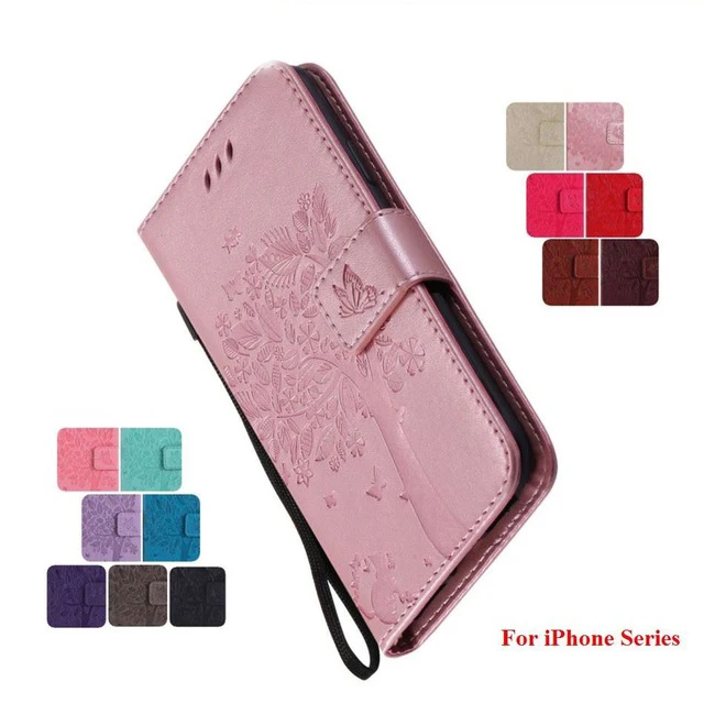 

Luxury Flip PU Leather Cases Lovely Tree Cat Pattern For iPhone X 8 7 6S Plus 4 4S 5C 5S SE Touch 5 6 Card Slot Phone Bags Funda