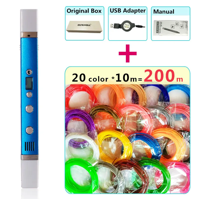 Myriwell 3d ручки+ 20*10 м ABS нити, светодиодный дисплей, usb зарядка, креативная 3d Ручка doodler подарочный набор 3d Рисунок pen-3d 1,75 мм pla