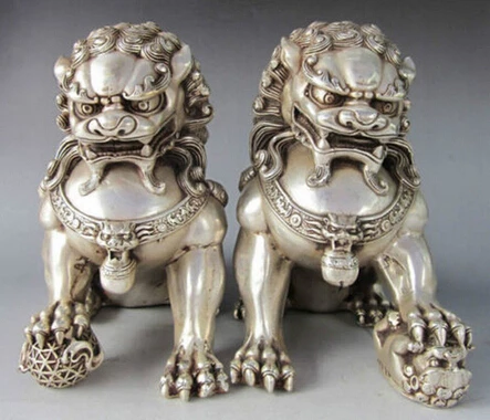 

Copper Brass CHINESE crafts Asian A Pair of Elaborate Chinese Tibetan Silver Guardian Lion Foo Fu Dog Statues