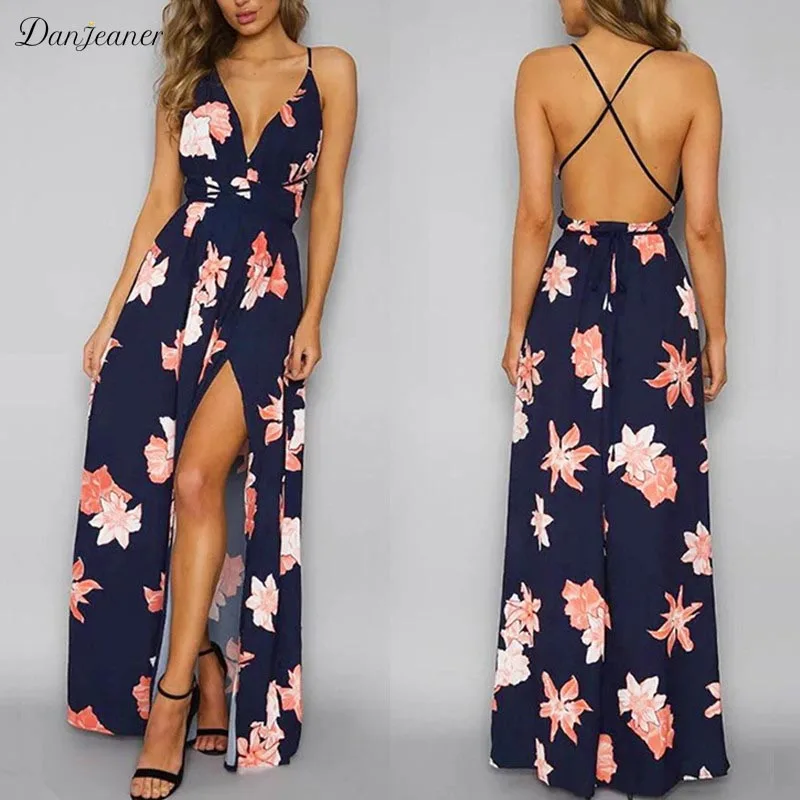 Koop Danjeaner Boho Bloemen Diepe v hals Backless Sexy Jurk Split Cross Lace Up Chiffon Zomer Strand Lange Jurk Mouwloze Maxi jurk