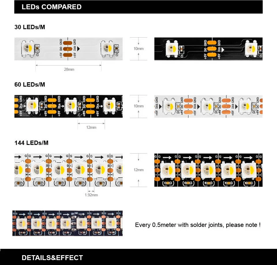 5m 30 60 144 leds individuais endereçáveis luzes led ip30 65 67 5v