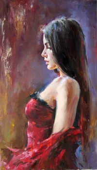 

100% Handicrafts oil painting:beautiful young girl in red dress oil painting