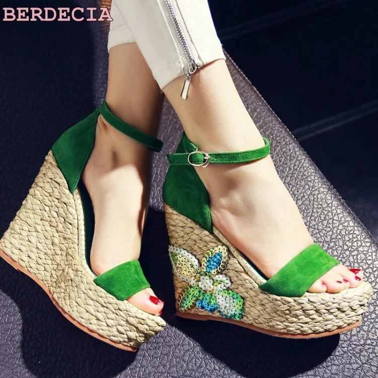 hot selling roman style Appliques platform sandals hemp rope weaving suede wedge heel shoes