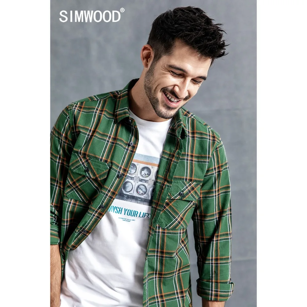 Мужская клетчатая рубашка SIMWOOD, модная повседневная рубашка высокого качества, брендовая уличная одежда, модель 190123 на осе