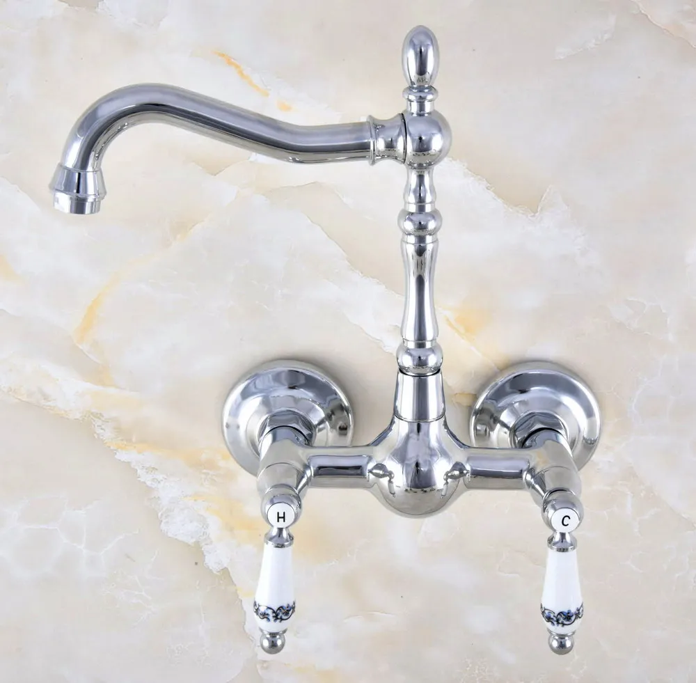 Polished Chrome Brass Wall Mount Kitchen Sink Faucet Swivel Spout Mixer Tap Dual Ceramics Handles Levers anf572