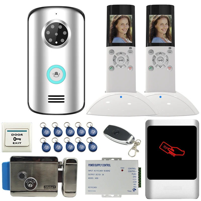 

JEX 2.4G Wireless Video Door phone Doorbell Intercom System kit IP55 Waterproof Camera+ RFID Access controller +E-lock 1V2