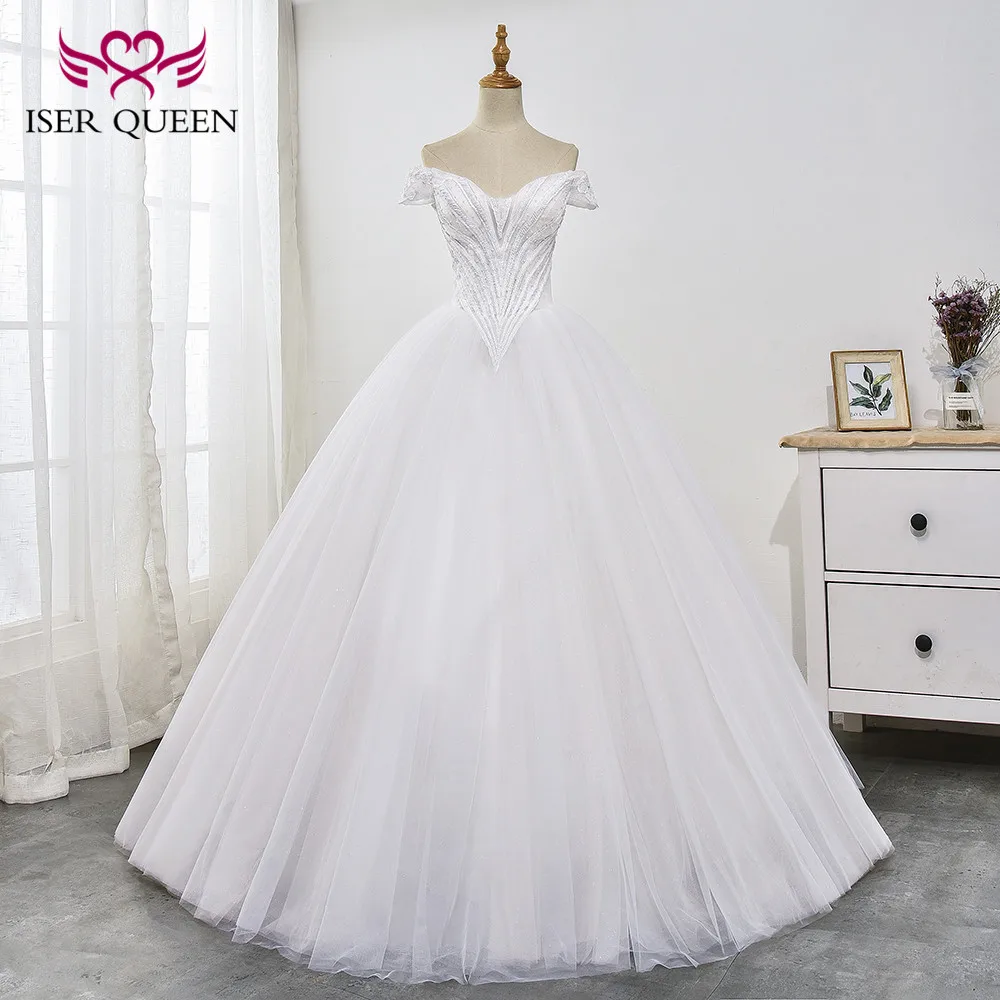 

Cap Sleeves Beading and Sequined Special Embroidery Tulle Pure White Lace up Dresses for Wedding Ball Gown Vestido WX0029