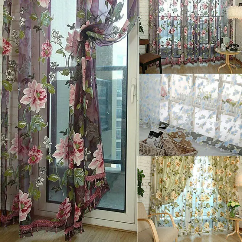 

New Arrival Retro Perspective Flocked Floral Voile Door Window Curtain Panel Sheer Tulle Drape Hot Flower
