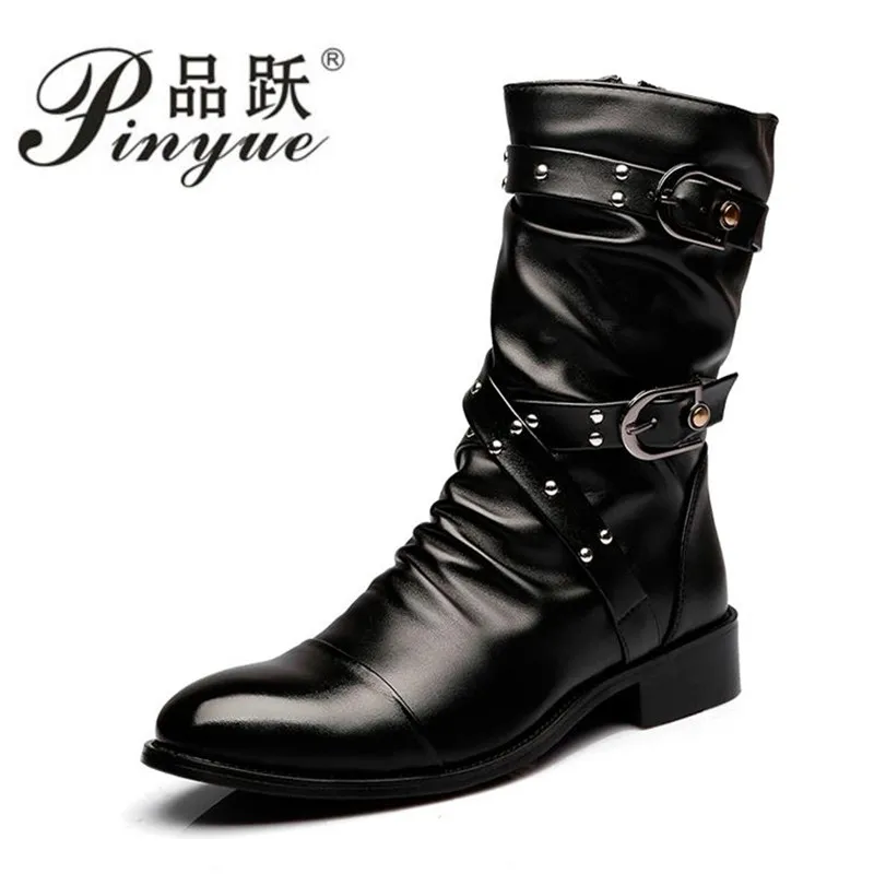 High Quality Leather Boots Men Uniform Basic Motorcycle Boots Men Mid