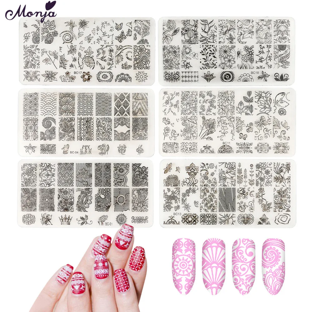 

Monja Nail Art Lace Flower Animal Image Stamping Plastic Transfer Stamper Pattern Plate Scraper Stencil Manicure Tool