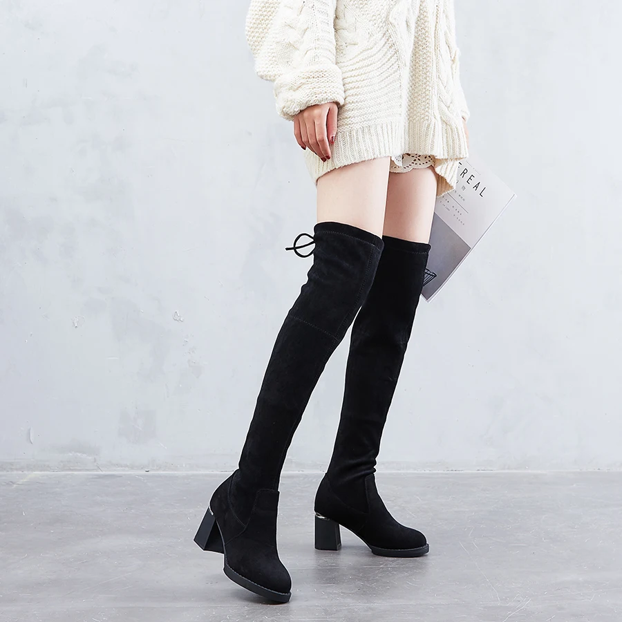 

HQFZO High Quality Flock Women Long Boots Knee High Boots Platform Sexy Autumn Winter Thick High Boots Shoes Women Chaussure