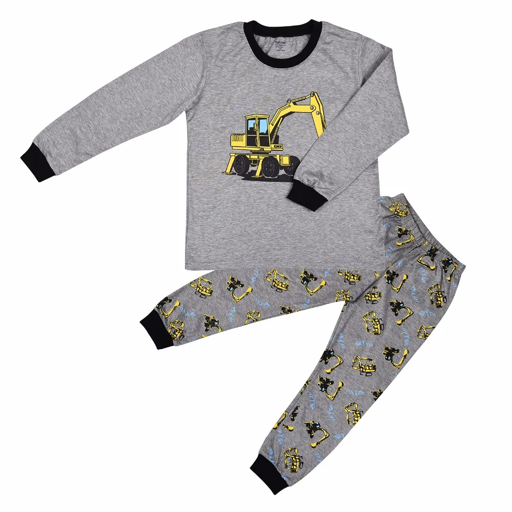 2 7Y Pajamas Set Children Boys Cartoon Excavator Long Sleeve Pajama Sets Autumn Winter Cotton
