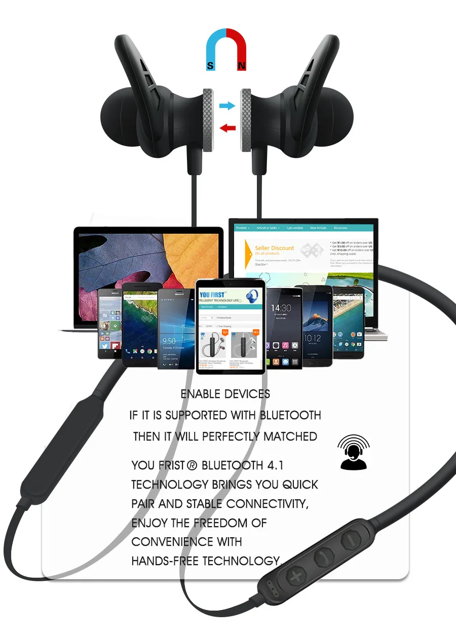 YOU FIRST Bluetooth наушники беспроводные наушники для телефона Спорт стерео Магнитная гарнитура Bluetooth Auriculars с микрофоном