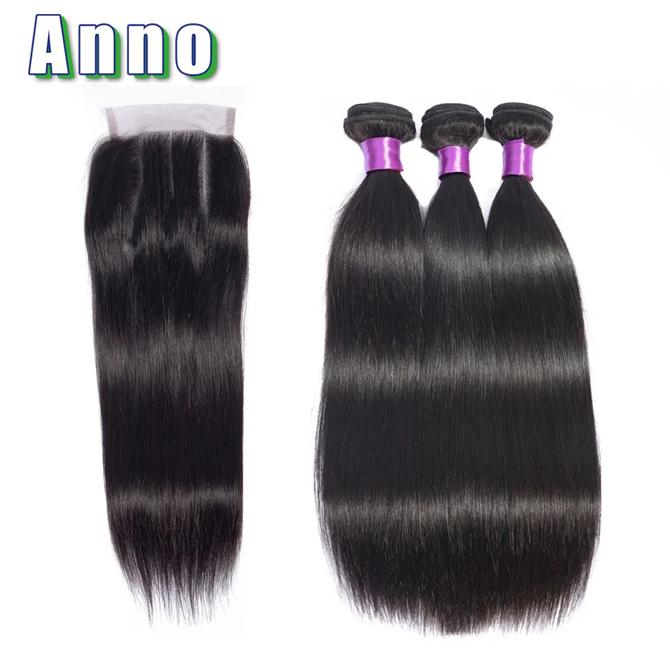 

Annowig Malaysian Straight Hair Weaves 3 Bundles With Closure Human Hair Bundles With 4*4 Lace Closure Human Hair Extensions