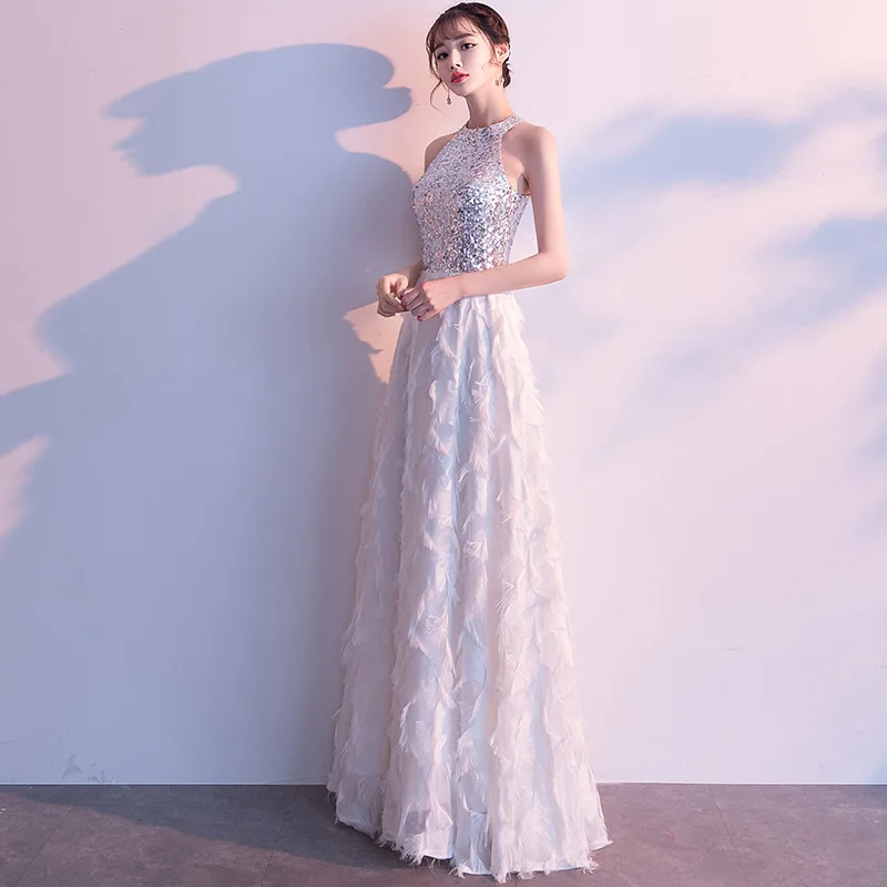 

2019 New Evening Dress Halter Shining Sequined Formal Party Dresses Sliver Sleeveless Feathers Design Long A-line Prom Gown E337