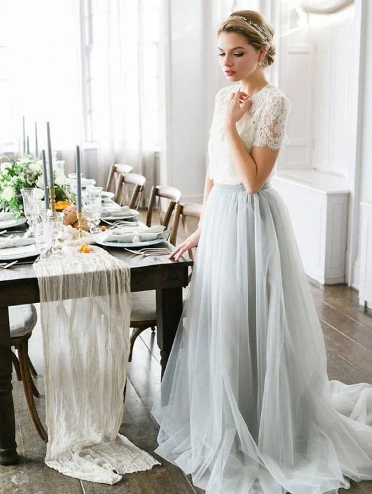 2 Pieces Wedding Dresses Pleats Tulle Bottom With Lace Top Elastic 2 Pieces Wedding Dresses Pleats Tulle Bottom With Lace Top Elastic Waist Long Aline In From Weddings Events On