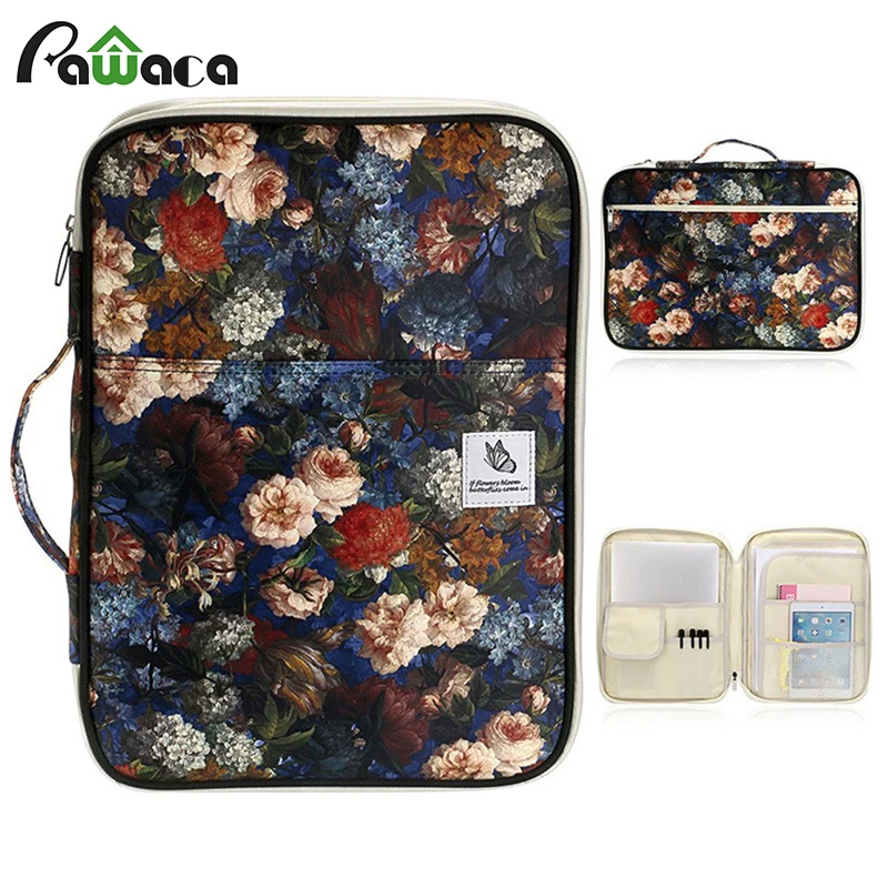 

New A4 Document Bags Organizer Embroidery Leaf Travel Pouch Zippered Case for Ipads Planner Notebooks Pens Documents