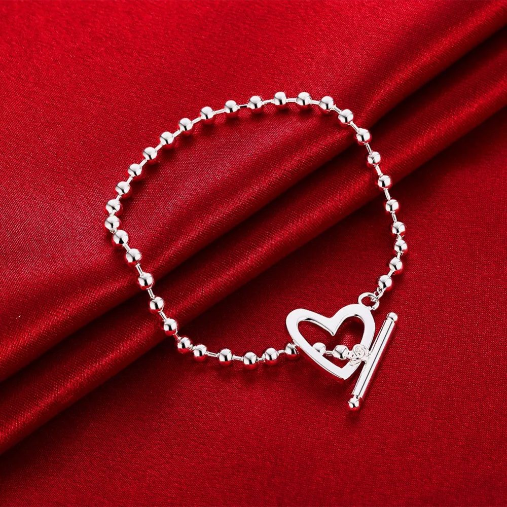 SMTCAT 925 Solid Real Sterling Silver Fashion Beads Heart Star Bracelet 16cm For Teen Girls Lady Gift Women Jewelry DS1014