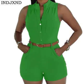 

INDJXND Sexy Sleeveless Bodysuit Women Jumpsuit Shorts Romper Summer V-neck Button Pockets Playsuit Fashion Beach Overalls XXL