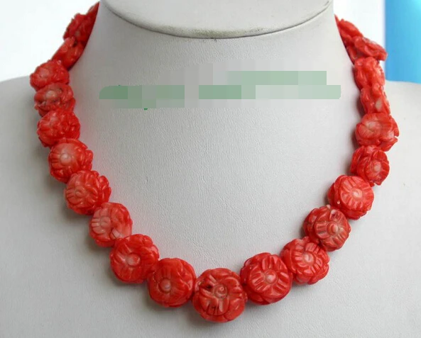

Miss charm Jew1255 Amazing big 13mm carve red coral flower beads necklace 14KGP clasp